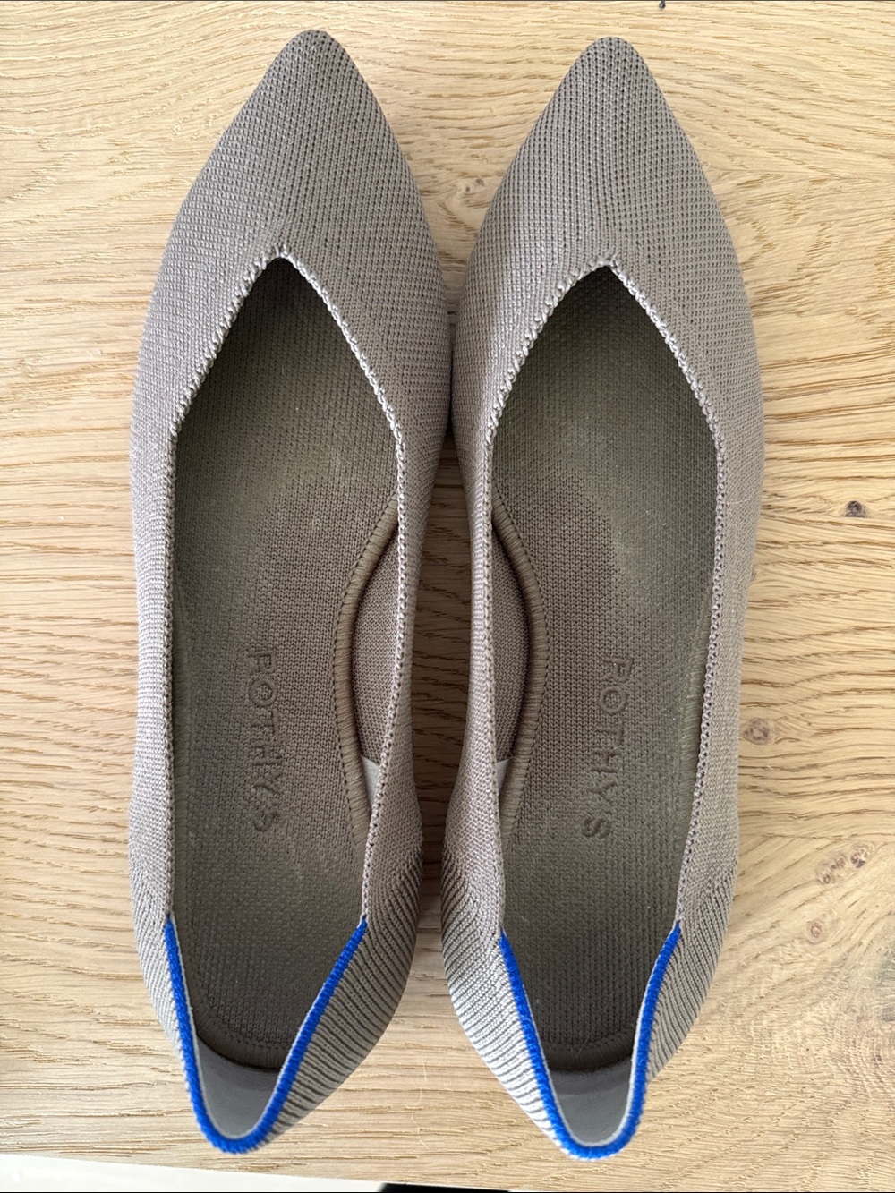 Rothy's Taupe Knit Pointed-Toe Flats with Blue Heel Trim